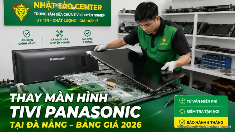 Kỹ thuật viên thay màn hình tivi Panasonic tại trung tâm sửa chữa Đà Nẵng