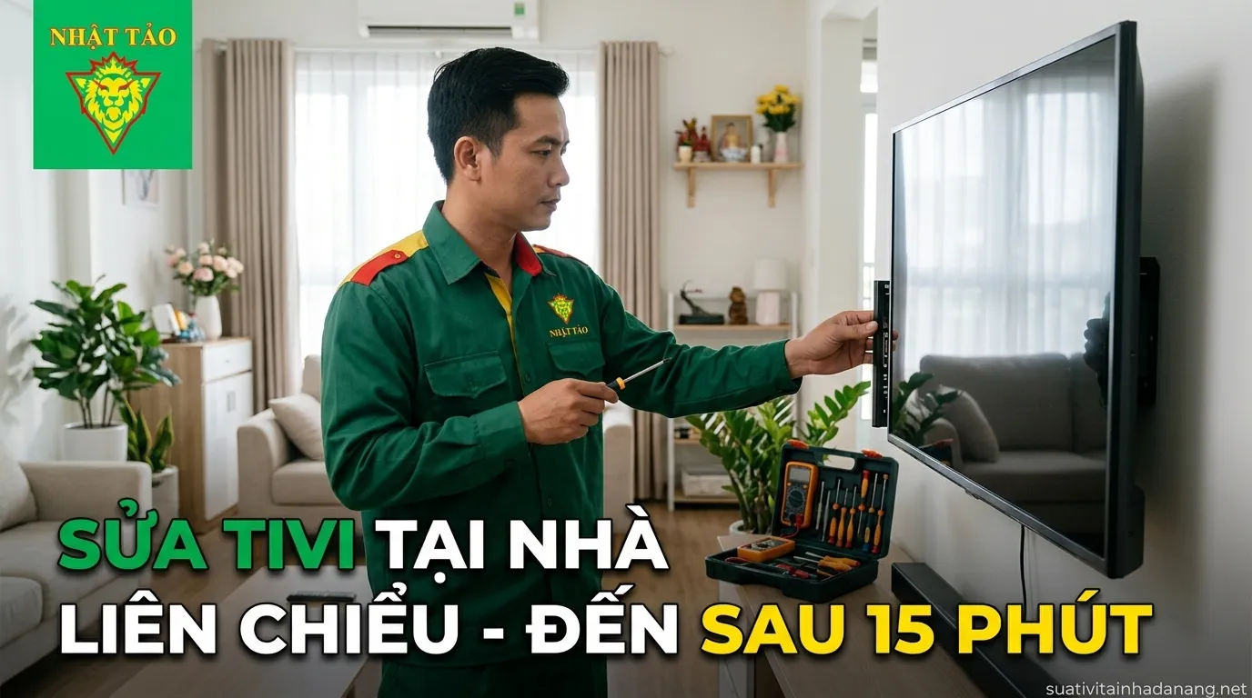 Kỹ thuật viên sửa tivi tại nhà Liên Chiểu Đà Nẵng kiểm tra tivi LED trong phòng khách