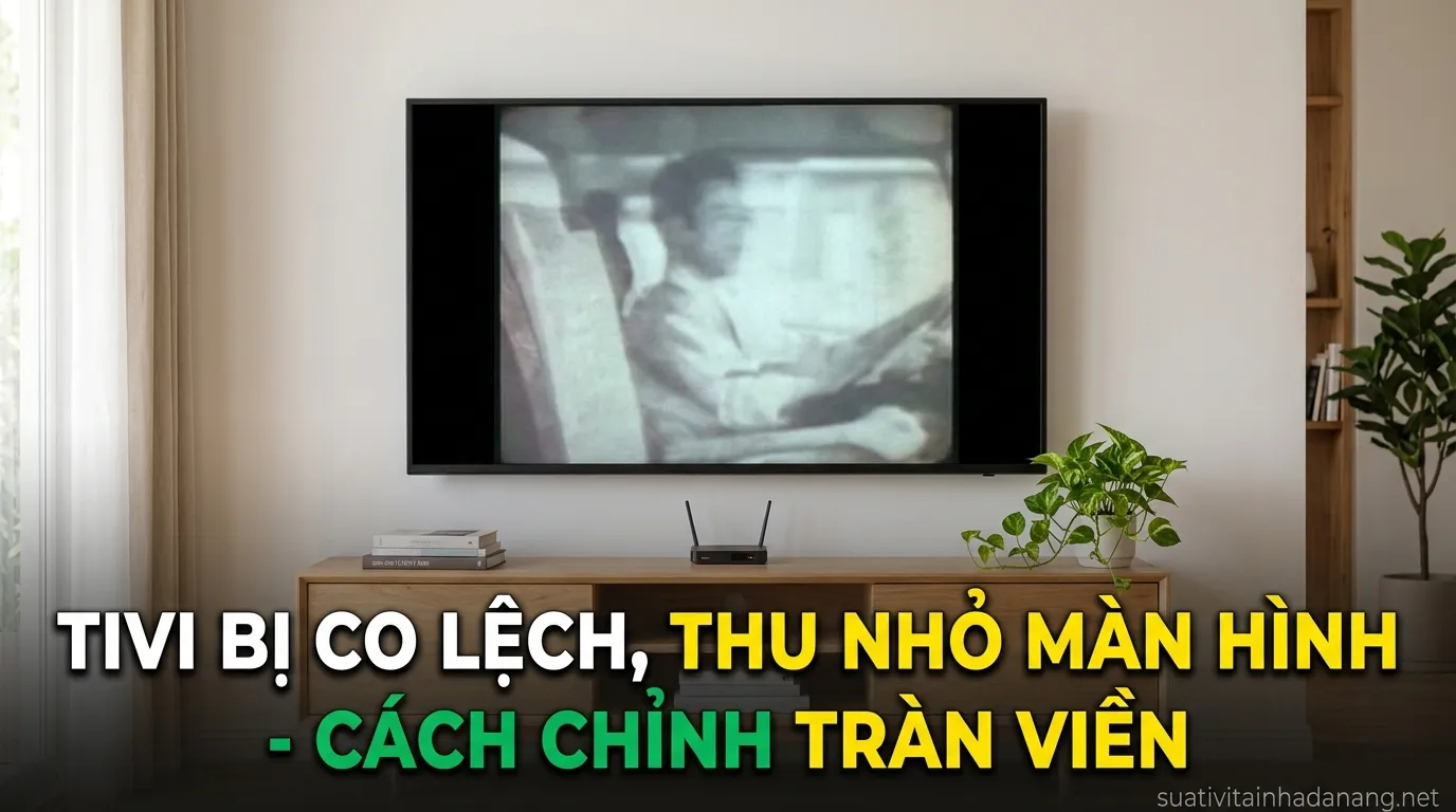 Tivi Bị Co Lệch Màn Hình: Cách Chỉnh Khi Bị Thu Nhỏ, Phóng To & Khắc Phục Lỗi (Update 2026) 1 Tivi bị co lệch màn hình, thu nhỏ 2 bên màu đen tại phòng khách