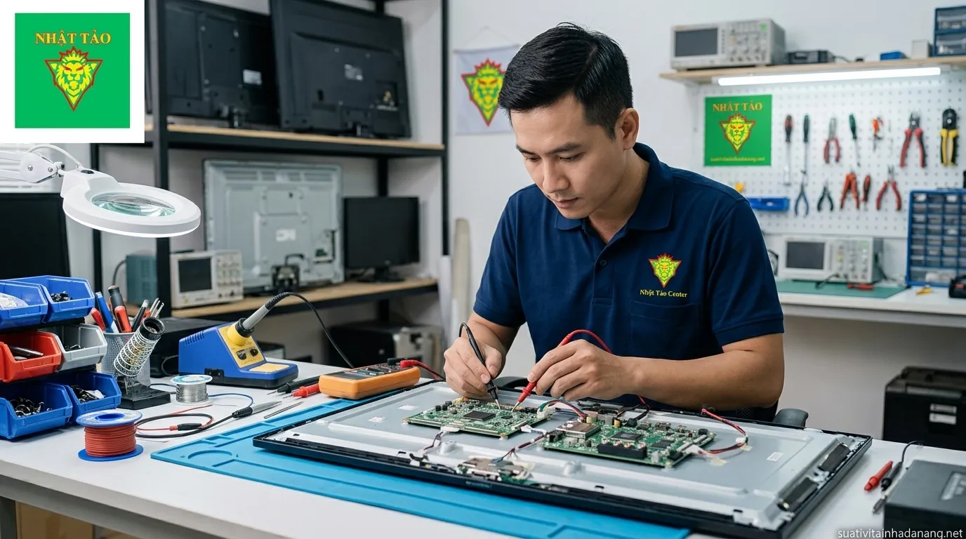 Tivi Bị Co Lệch Màn Hình: Cách Chỉnh Khi Bị Thu Nhỏ, Phóng To & Khắc Phục Lỗi (Update 2026) 3 Kỹ thuật viên Nhật Tảo Center đang kiểm tra bo mạch tivi tại Đà Nẵng