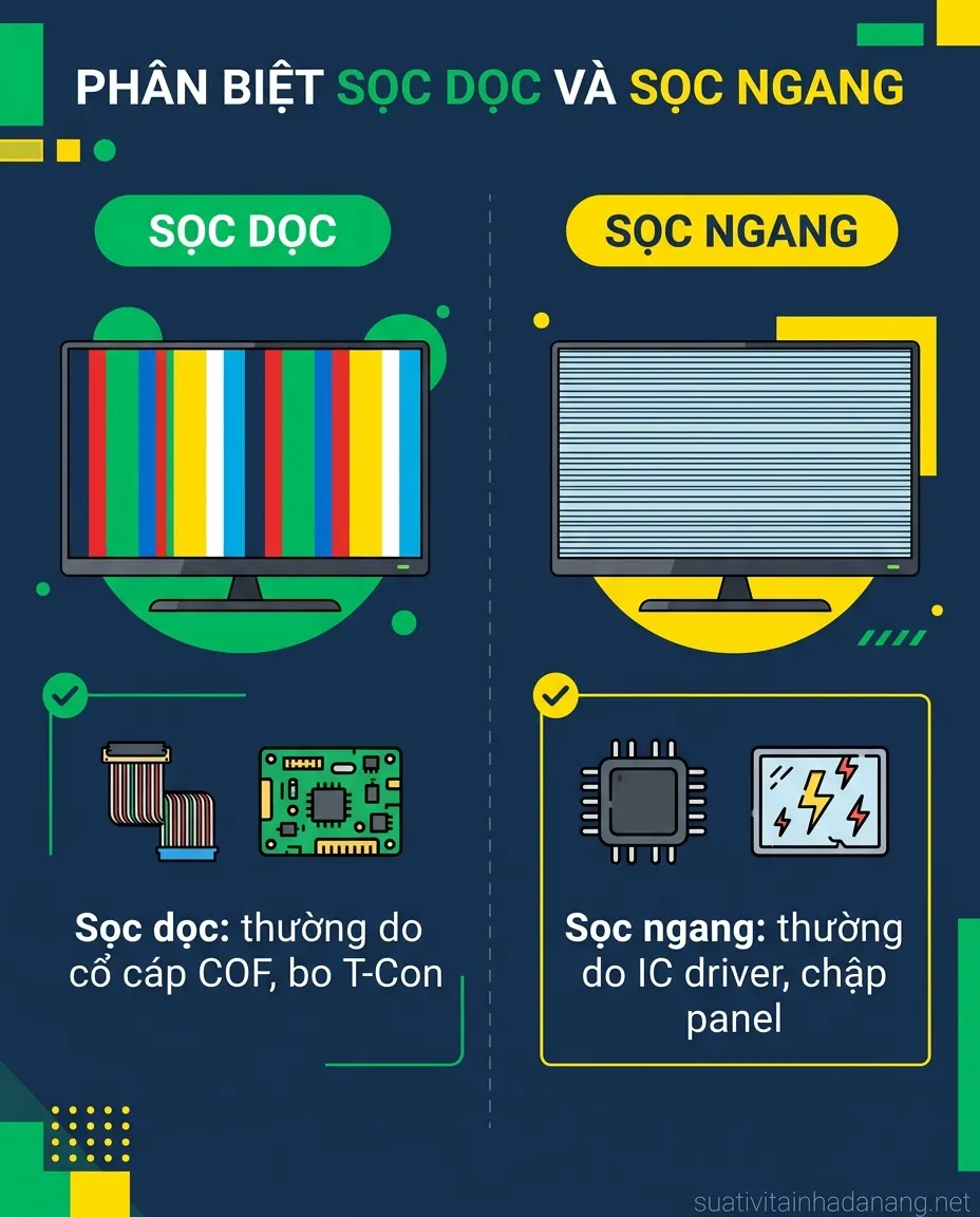 Tivi Sony Bị Sọc Màn Hình: Phân Biệt Sọc Dọc, Sọc Ngang Và Chi Phí Sửa 1 Infographic phân biệt tivi Sony bị sọc dọc và sọc ngang theo nguyên nhân