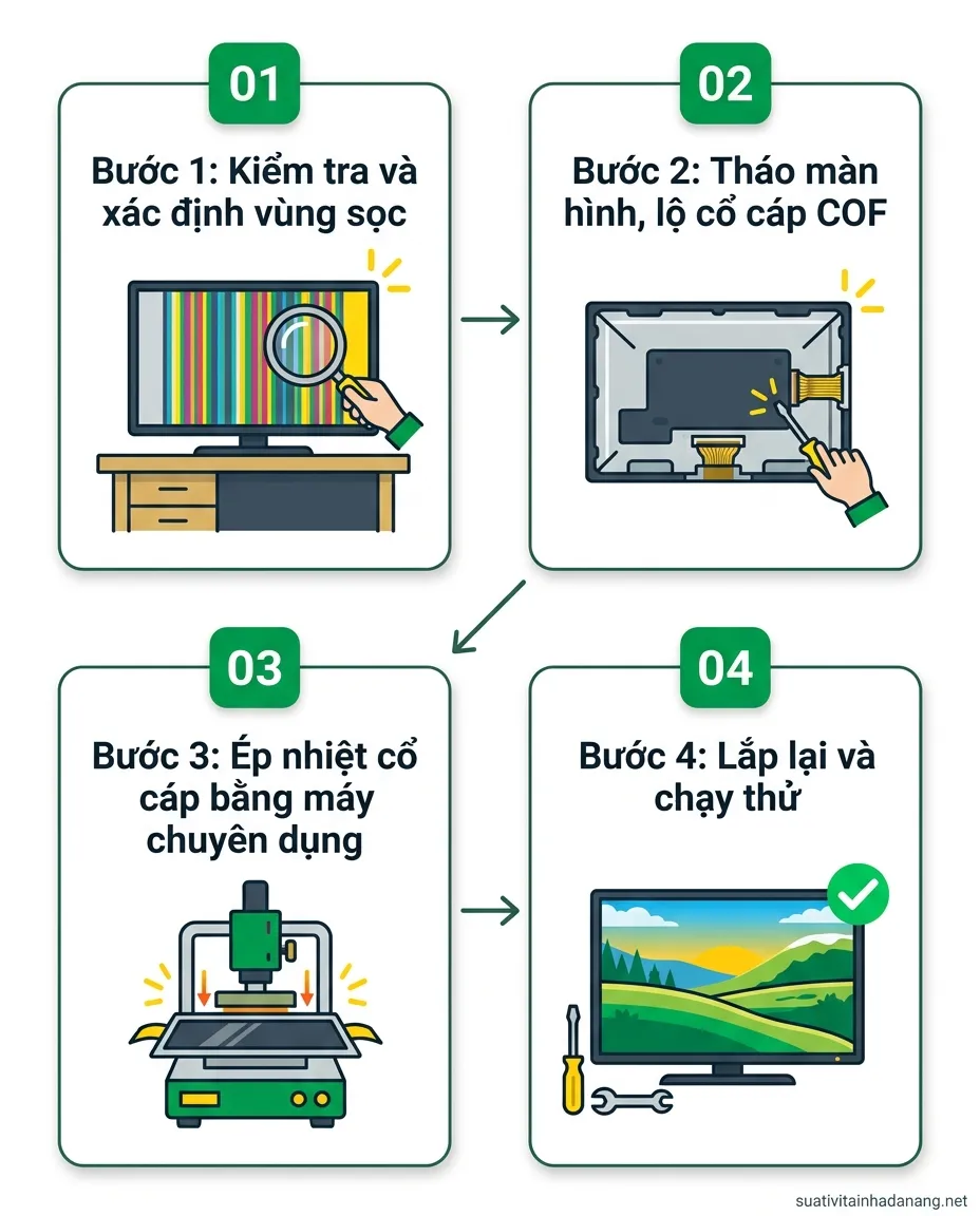 Tivi Sony Bị Sọc Màn Hình: Phân Biệt Sọc Dọc, Sọc Ngang Và Chi Phí Sửa 2 Quy trình 4 bước ép cổ cáp COF sửa tivi Sony bị sọc màn hình